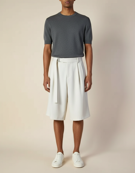 Pantalon Jupe Beige Plissé Ceinturé Ample Décontracté - Gabardine