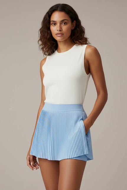 Pantalon Jupe Bleu Plissé Sportif Courte Fluide - Polyester