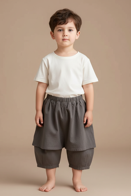 Pantalon Jupe Gris Ample Coton Enfant Décontracté - Lin