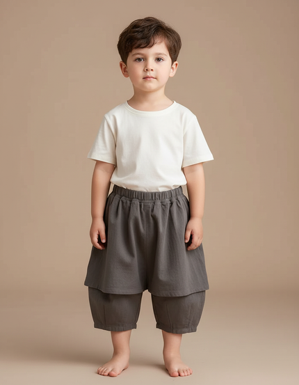 Pantalon Jupe Gris Ample Coton Enfant Décontracté - Lin