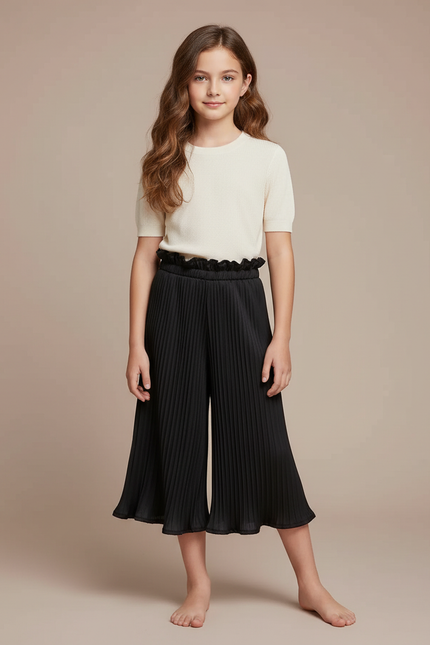 Pantalon Jupe Plissé Noir Ample Fille Décontracté - Polyester