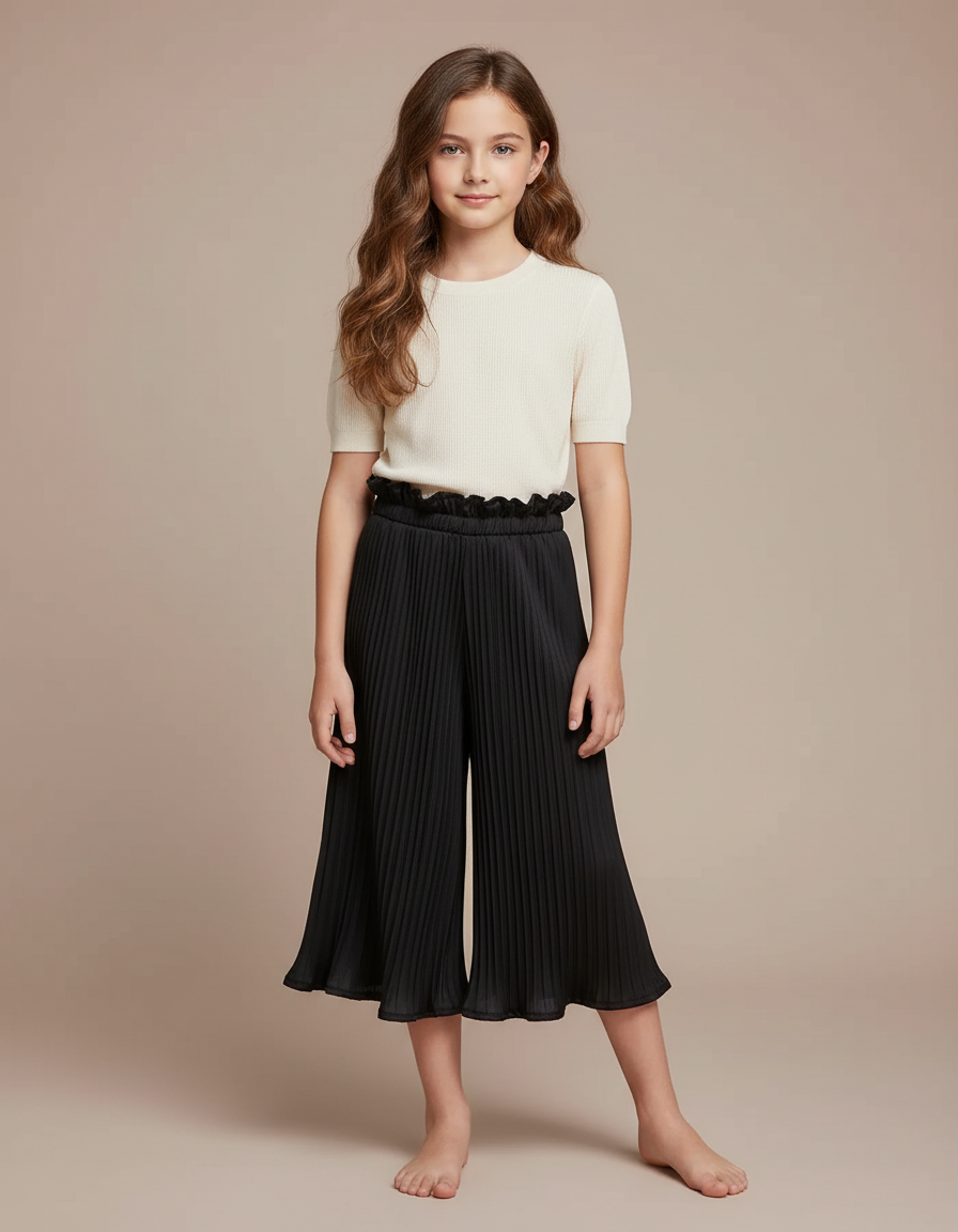 Pantalon Jupe Plissé Noir Ample Fille Décontracté - Polyester