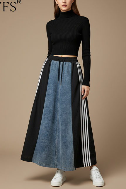 Pantalon Jupe Longue Denim Patchwork Rayures Noires - Jean