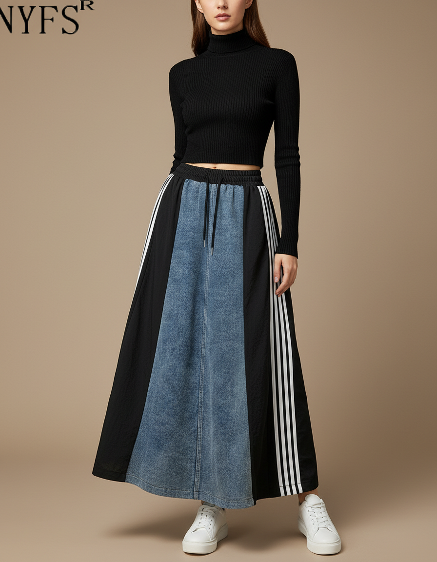 Pantalon Jupe Longue Denim Patchwork Rayures Noires - Jean