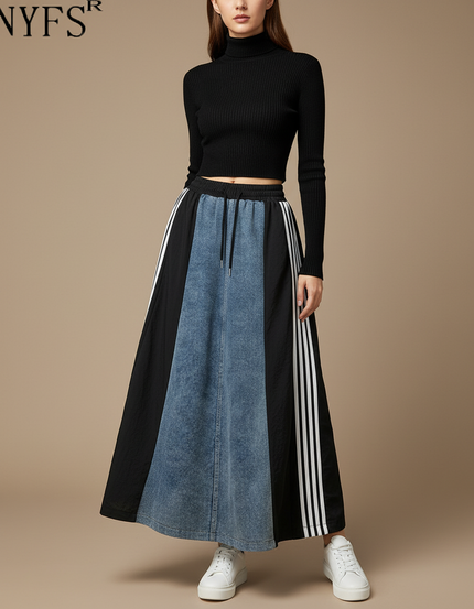 Pantalon Jupe Longue Denim Patchwork Rayures Noires - Jean