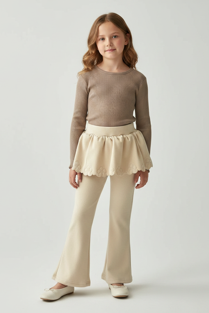 Pantalon Jupe Évasé Crème Fleurs Brodé Fille - Beige Molleton