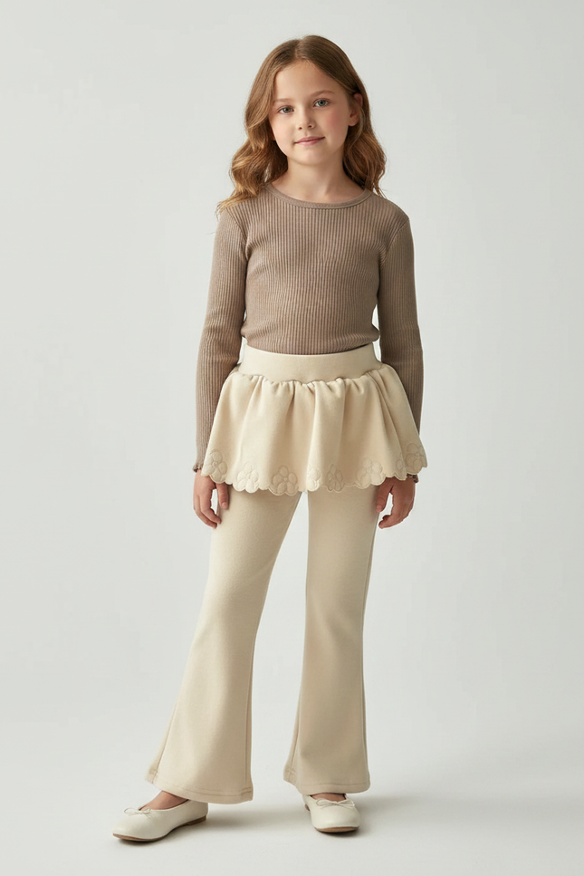 Pantalon Jupe Évasé Crème Fleurs Brodé Fille - Beige Molleton