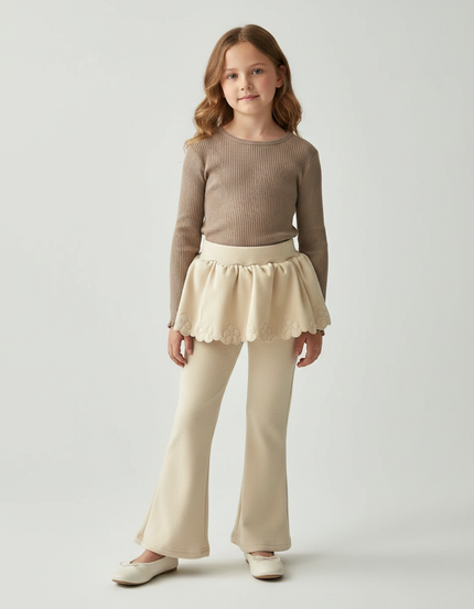 Pantalon Jupe Évasé Crème Fleurs Brodé Fille - Beige Molleton