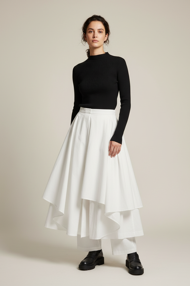 Pantalon Jupe Blanc Superposé Fluide Élégant Asymétrique - Coton