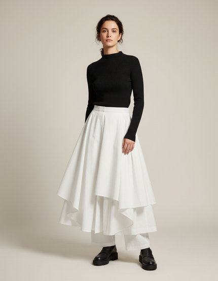 Pantalon Jupe Blanc Superposé Fluide Élégant Asymétrique - Coton