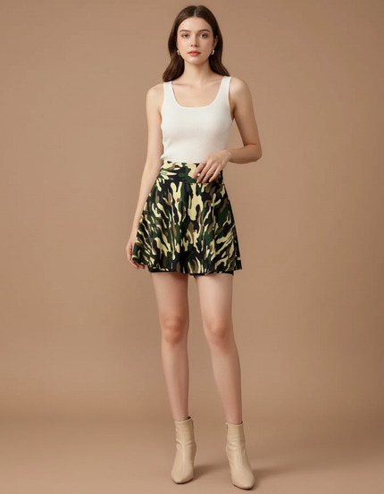 Pantalon Jupe Camouflage Mini Évasé Fluide Décontracté - Multicolore Polyester