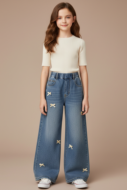 Pantalon Jupe Jeans Ample Nœuds Décoratifs Fille - Bleu