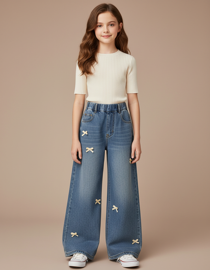 Pantalon Jupe Jeans Ample Nœuds Décoratifs Fille - Bleu
