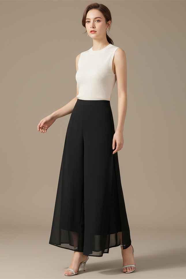 Pantalon Jupe Noir Fluide Ample Élégant Chiffon - Polyester