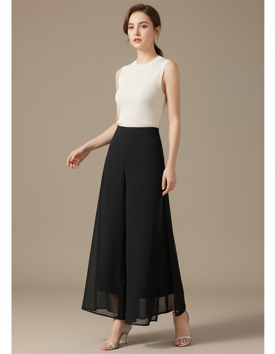Pantalon Jupe Noir Fluide Ample Élégant Chiffon - Polyester