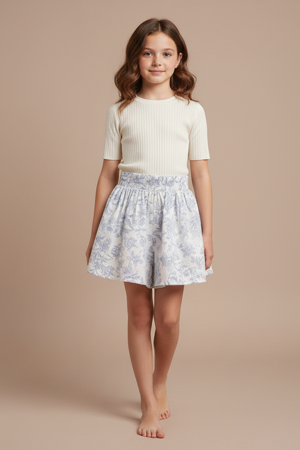Pantalon Jupe Blanc Floral Ample Confortable Fille - Imprimé Coton