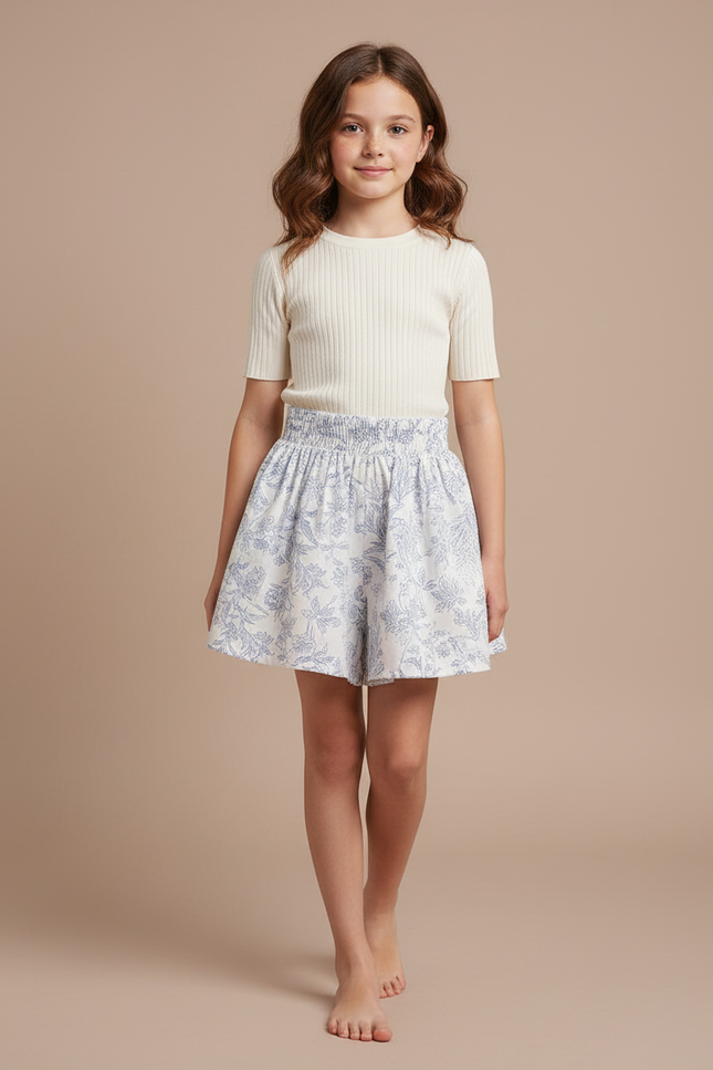 Pantalon Jupe Blanc Floral Ample Confortable Fille - Imprimé Coton