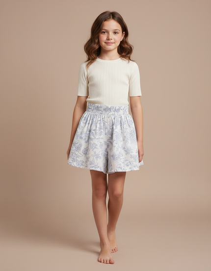 Pantalon Jupe Blanc Floral Ample Confortable Fille - Imprimé Coton