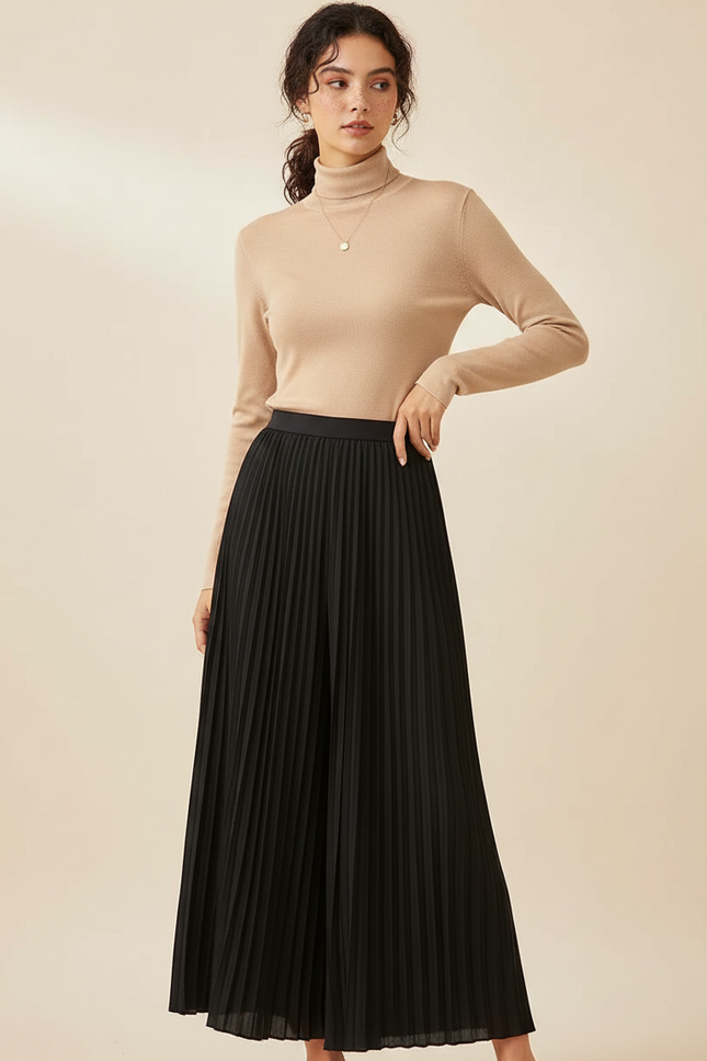 Pantalon Jupe Noir Plissé Fluide Long Élégant - Polyester