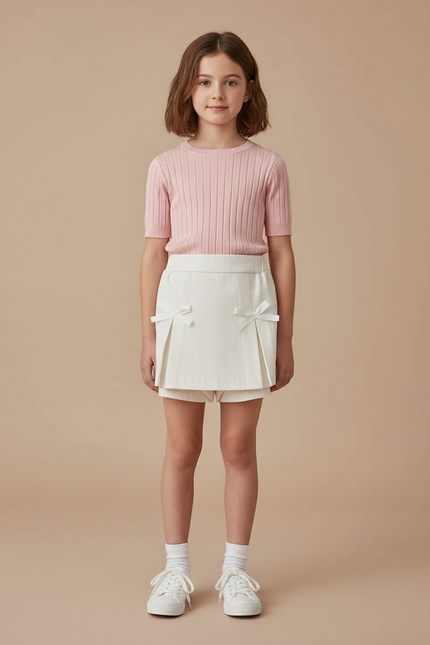 Pantalon Jupe Écru Plissé Nœuds Fille Élégant - Beige Gabardine