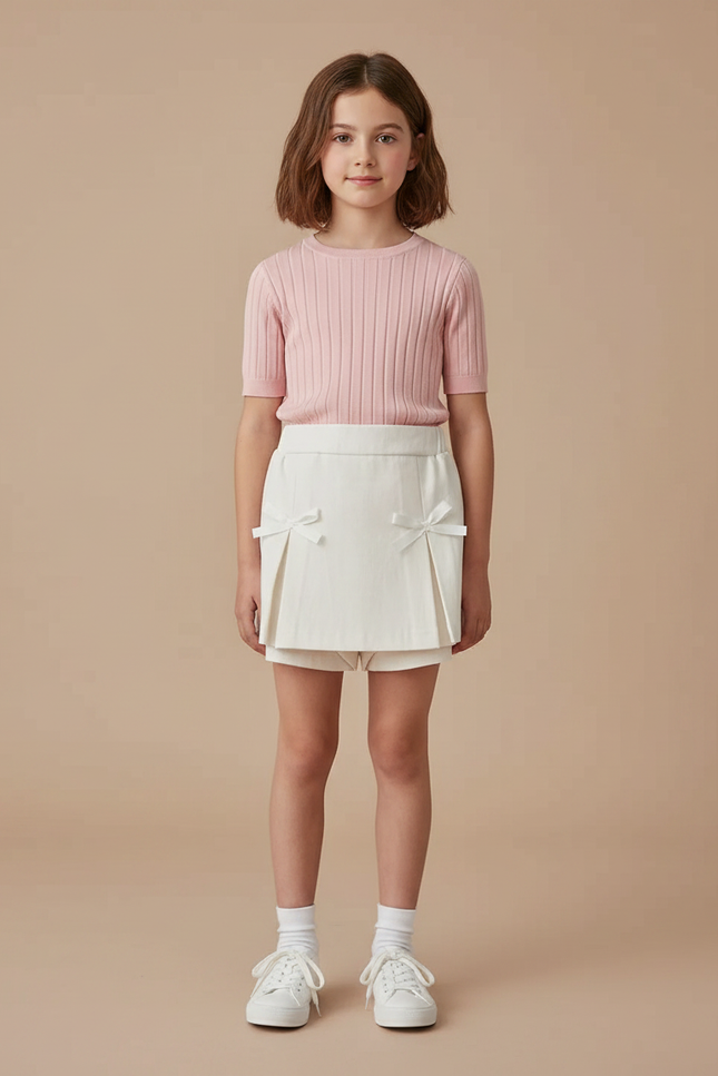 Pantalon Jupe Écru Plissé Nœuds Fille Élégant - Beige Gabardine