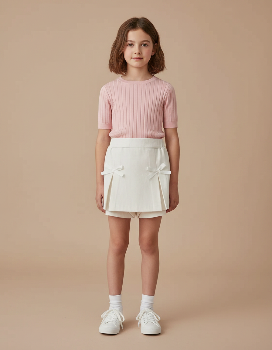 Pantalon Jupe Écru Plissé Nœuds Fille Élégant - Beige Gabardine