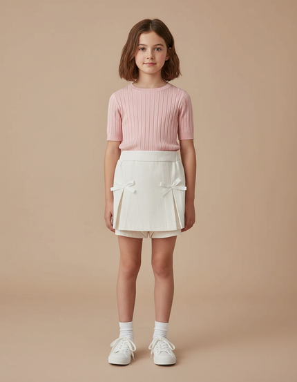 Pantalon Jupe Écru Plissé Nœuds Fille Élégant - Beige Gabardine