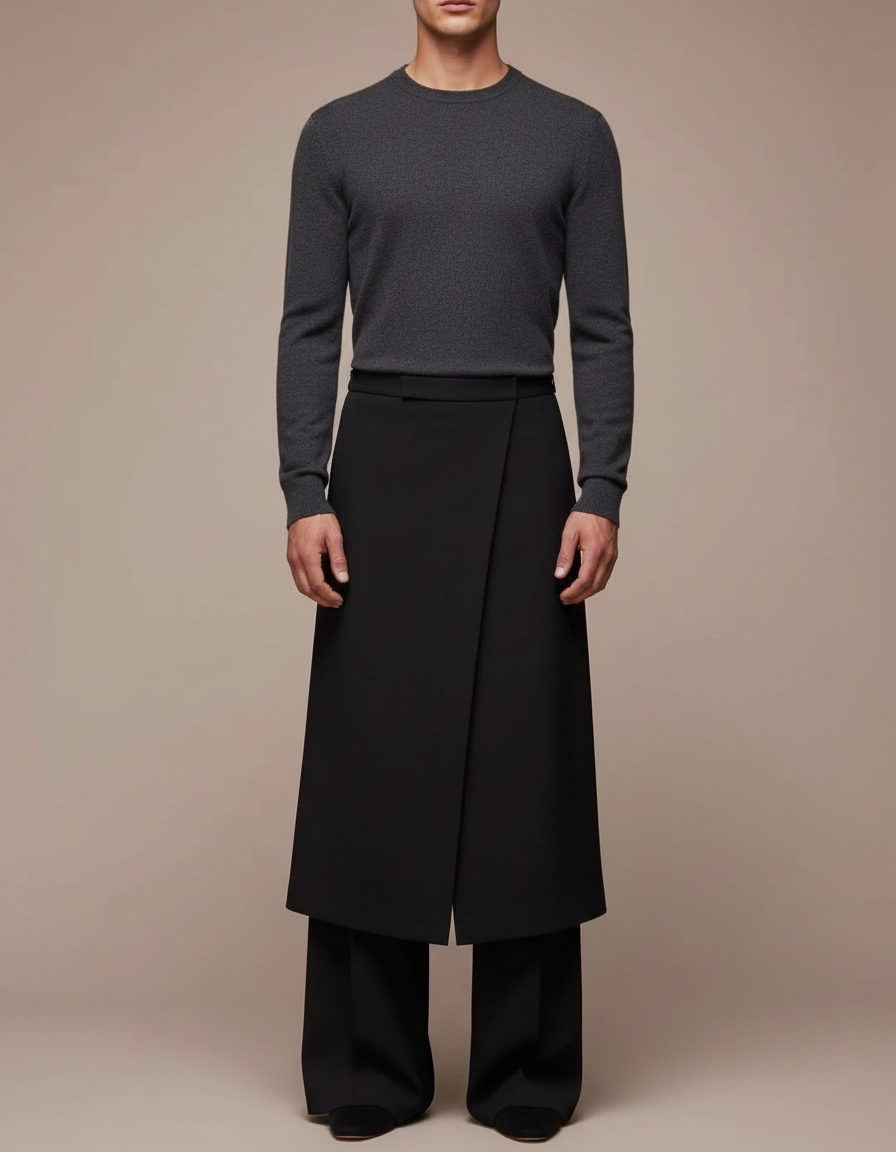 Pantalon Jupe Noir Long Ample Superposé Homme - Gabardine