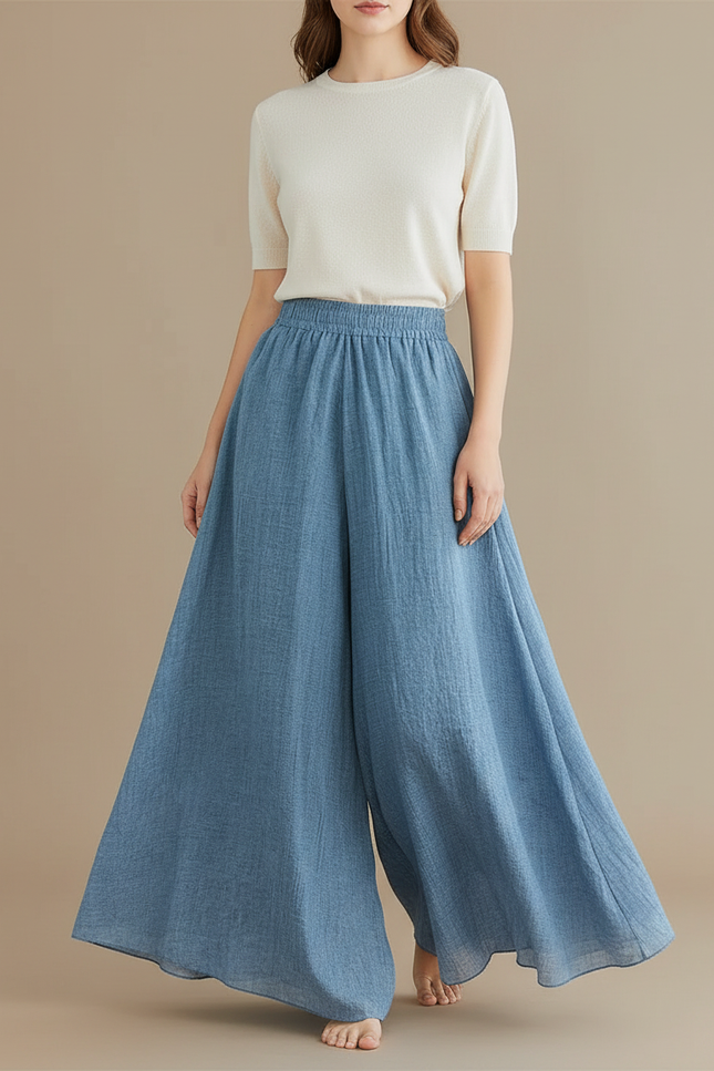 Pantalon Jupe Ample Fluide Coton Lin Bleu