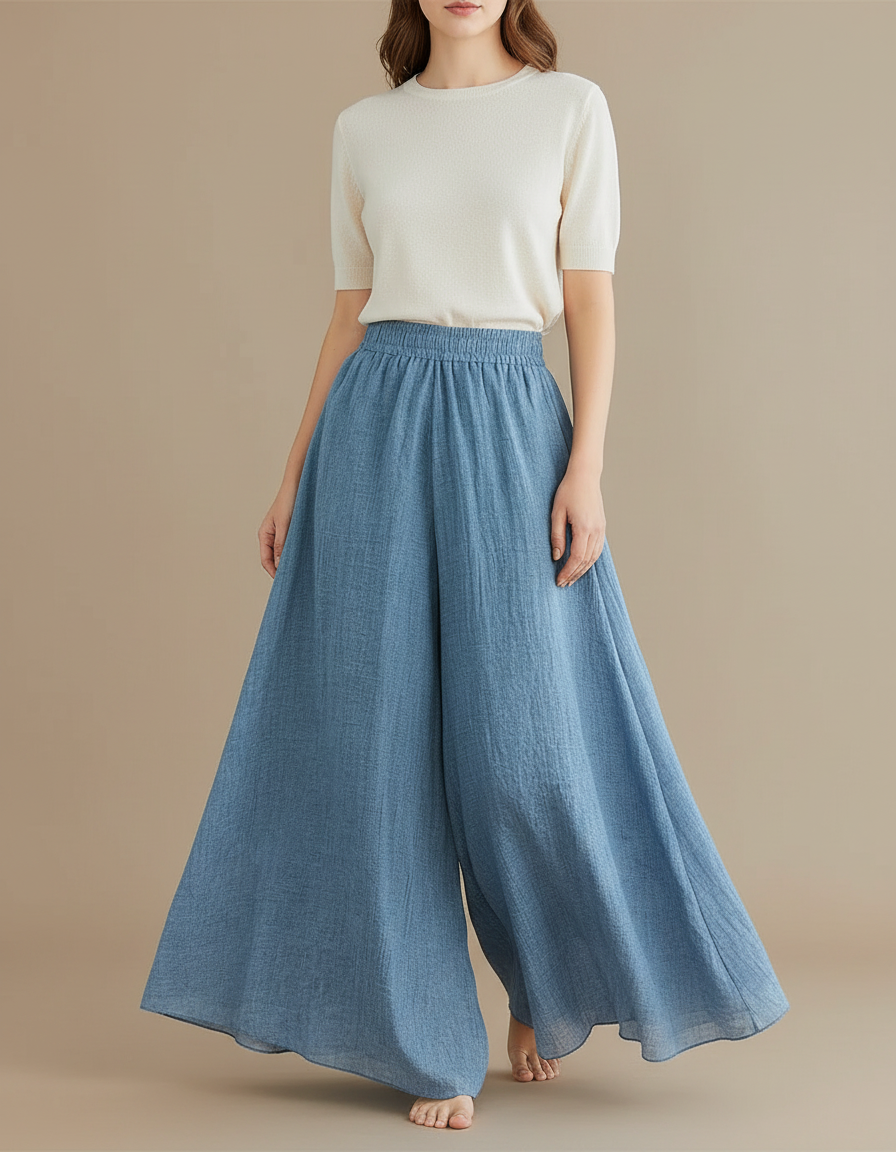 Pantalon Jupe Ample Fluide Coton Lin Bleu