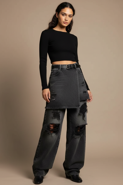 Pantalon Jupe Jean Gris Effilé Large Décontracté