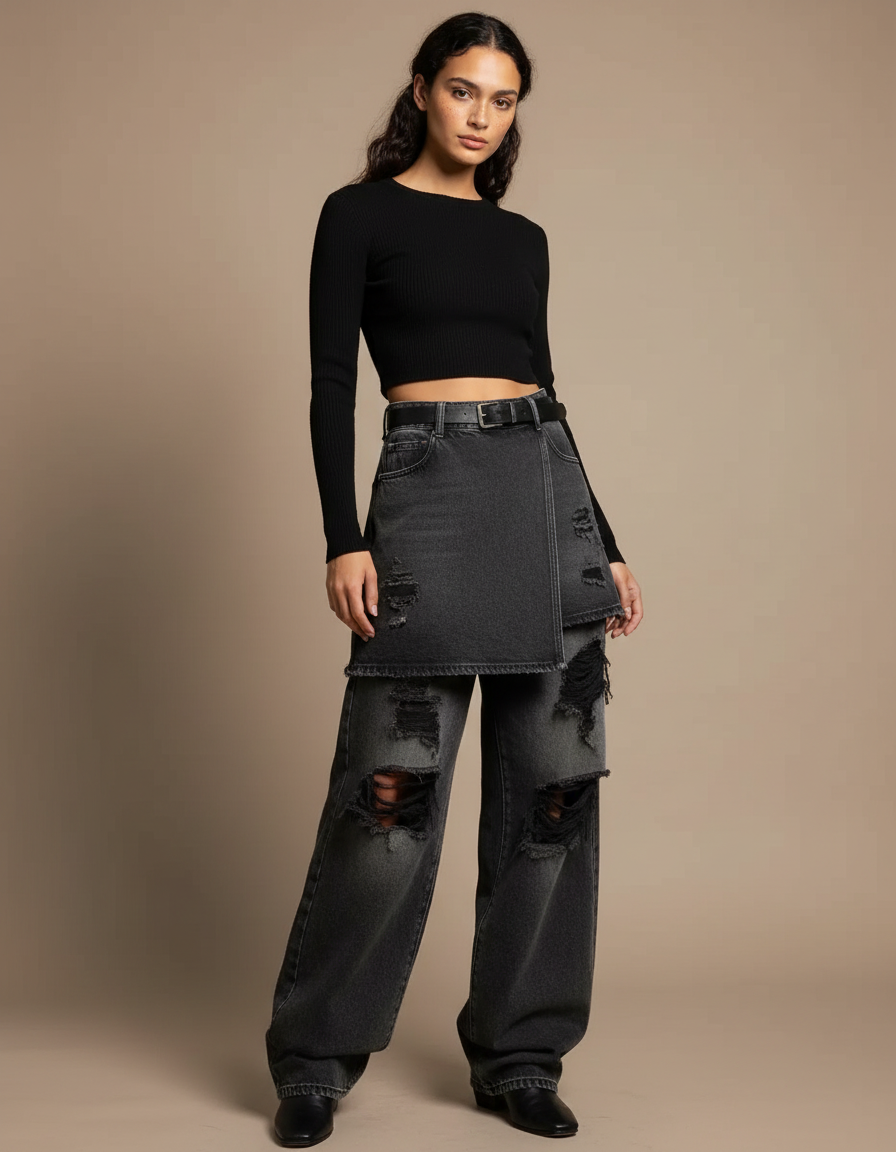 Pantalon Jupe Jean Gris Effilé Large Décontracté