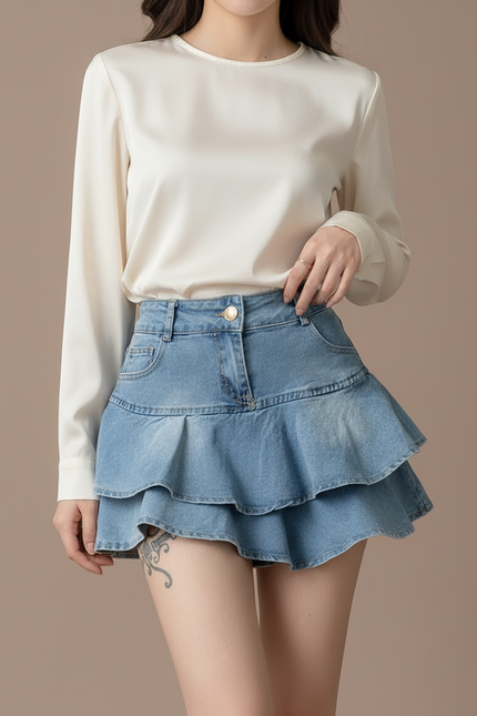 Pantalon Jupe Courte Denim Superposée Volantée Femme - Bleu Jean