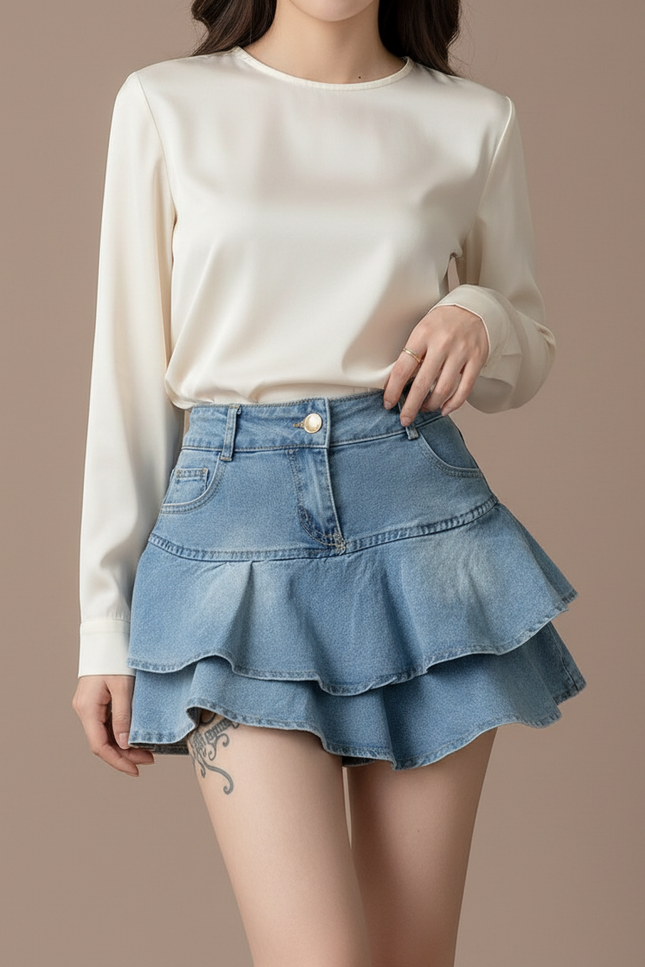 Pantalon Jupe Courte Denim Superposée Volantée Femme - Bleu Jean