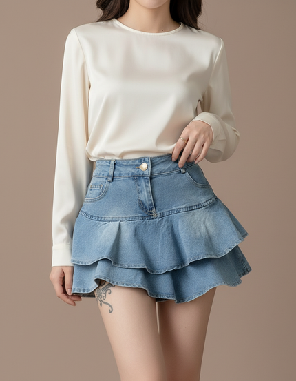 Pantalon Jupe Courte Denim Superposée Volantée Femme - Bleu Jean