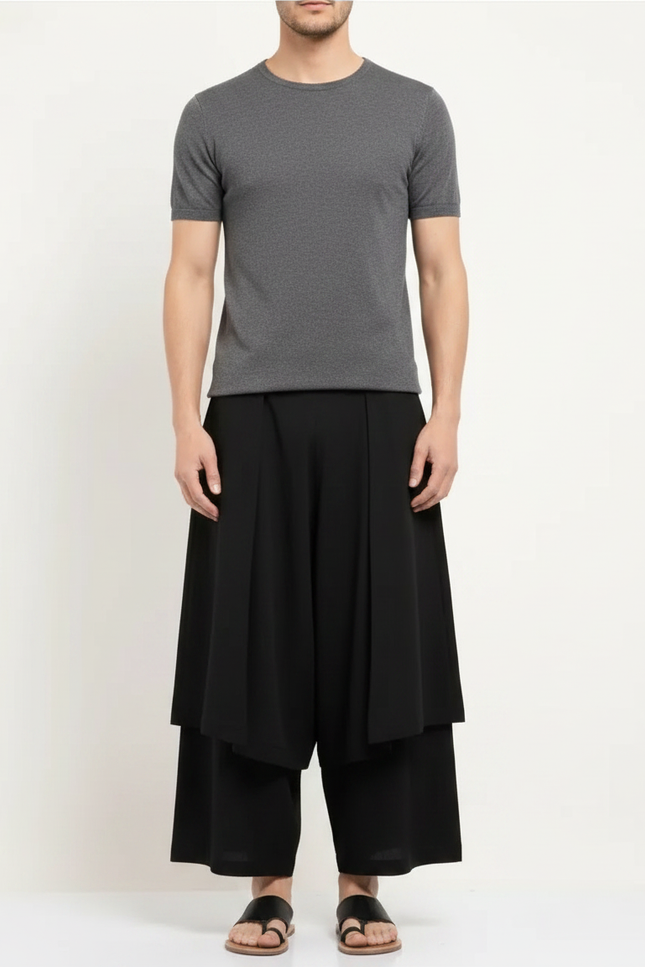 Pantalon Jupe Noir Ample Plissé Harem Homme - Polyester