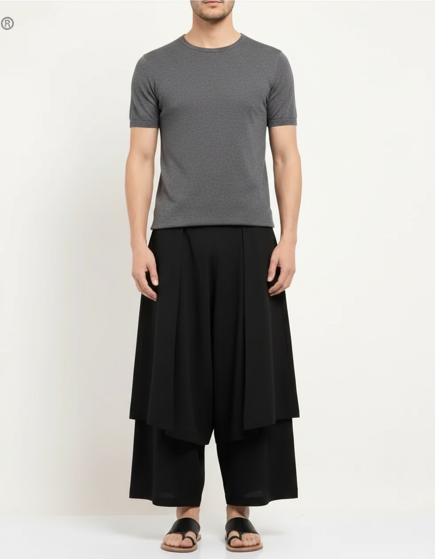 Pantalon Jupe Noir Ample Plissé Harem Homme - Polyester