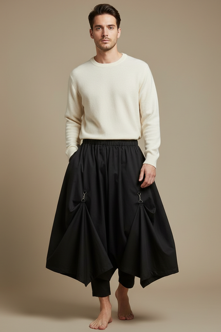 Pantalon Jupe Noir Asymétrique Ample Déstructuré Homme - Coton