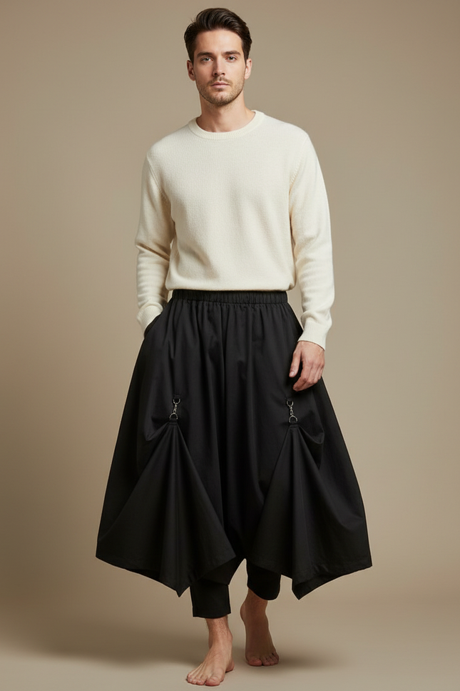 Pantalon Jupe Noir Asymétrique Ample Déstructuré Homme - Coton