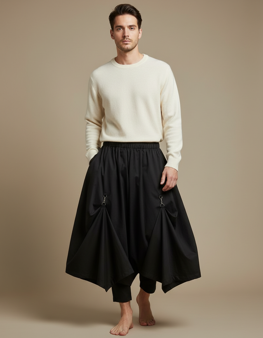 Pantalon Jupe Noir Asymétrique Ample Déstructuré Homme - Coton