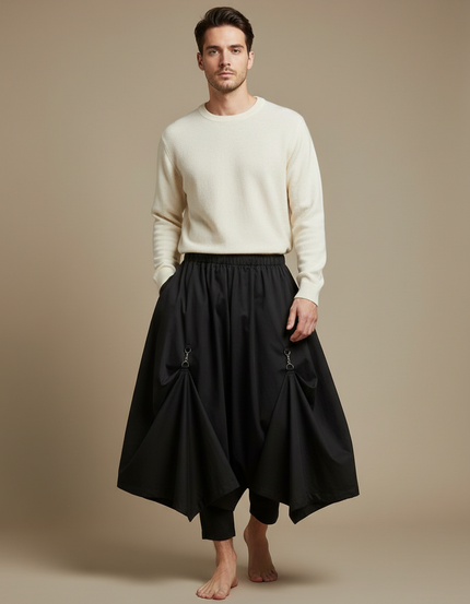 Pantalon Jupe Noir Asymétrique Ample Déstructuré Homme - Coton