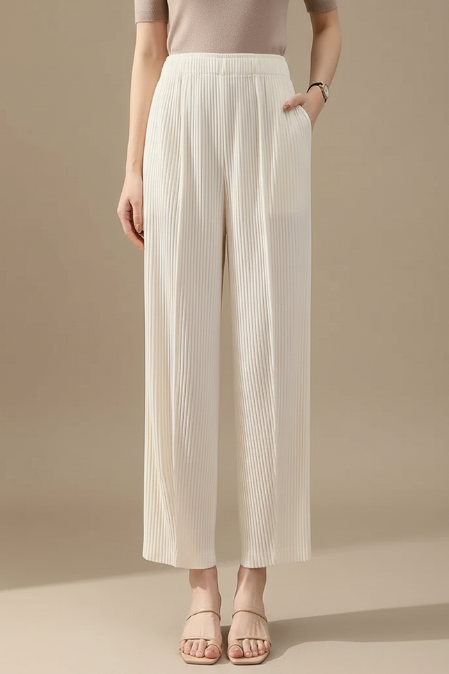 Pantalon Jupe Crème Plissé Ample Décontracté Fluide - Blanc Polyester