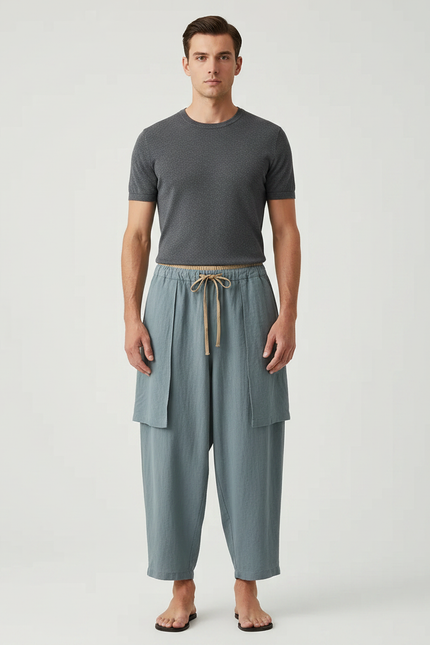 Pantalon Jupe Bleu Ciel Ample Lin Décontracté