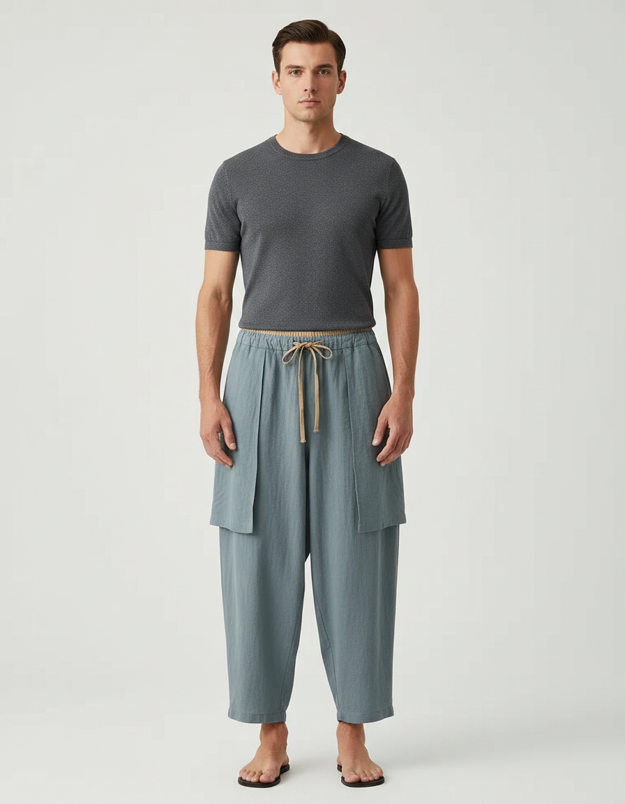 Pantalon Jupe Bleu Ciel Ample Lin Décontracté