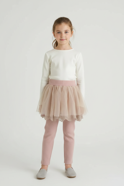 Pantalon Jupe Rose Poudré Tulle Côtelé Superposé Fille - Cordé