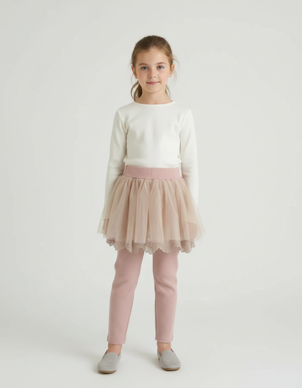 Pantalon Jupe Rose Poudré Tulle Côtelé Superposé Fille - Cordé
