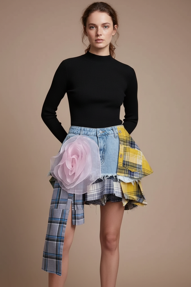 Pantalon Jupe Denim Plaid Déstructuré Asymétrique Mini - Multicolore Jean
