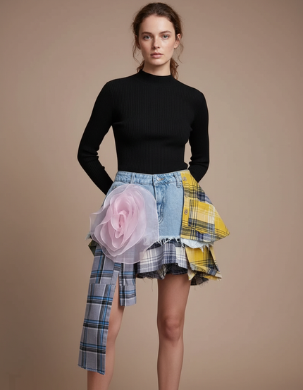 Pantalon Jupe Denim Plaid Déstructuré Asymétrique Mini - Multicolore Jean