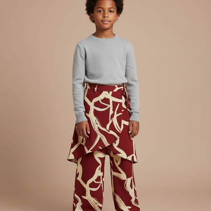 Pantalon Jupe Marron Imprimé Fluide Ample Enfant - Bordeaux Viscose