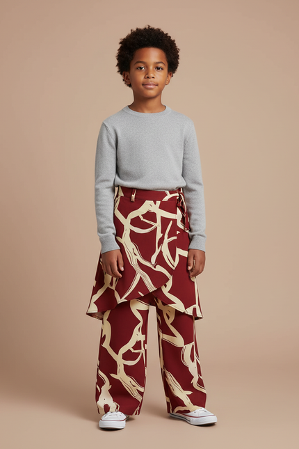 Pantalon Jupe Marron Imprimé Fluide Ample Enfant - Bordeaux Viscose